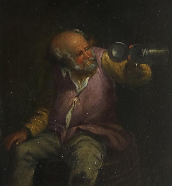 After Teniers, oil on wooden panel, Toper seated upon a barrel, 14 x 12cm